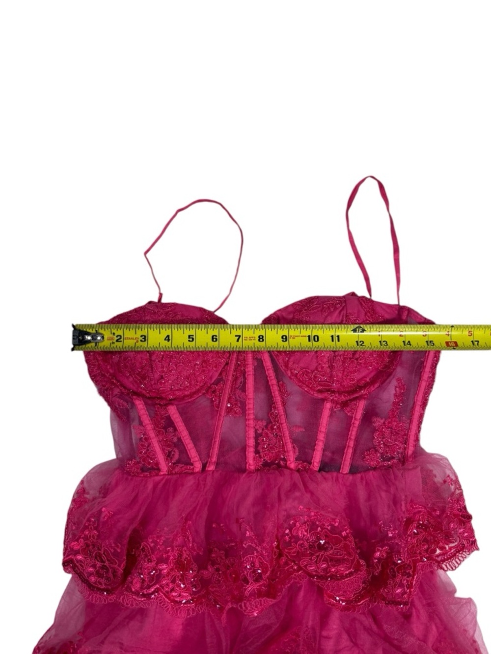 Lulus Dress Medium Tiered Lace Sequin Barbiecore Pink Corset Ruffle Party Mini - Picture 3 of 9